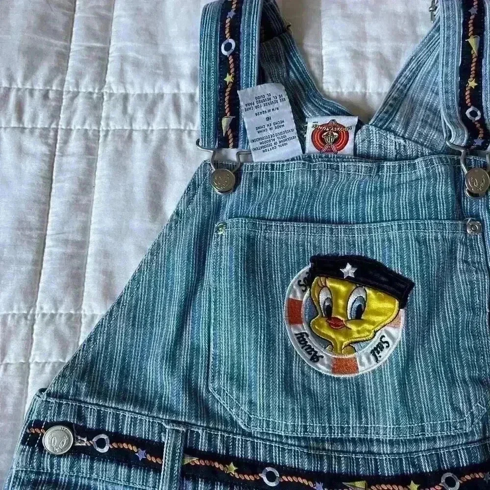 Vintage 90s‎ tweety bird overalls youth size 16 shorts stripes nautical kidcore